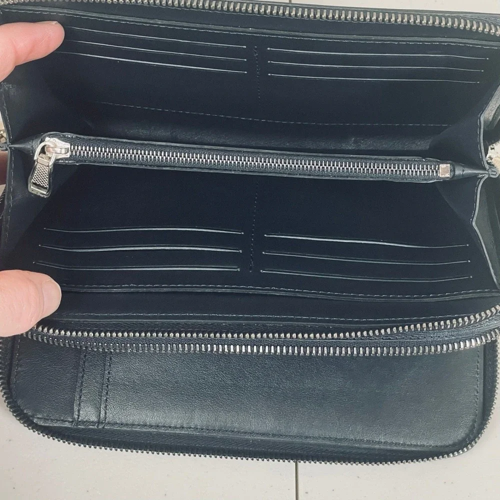 Brioni Blue‎ Saffiano Leather Double Zip Wallet Wristlet Italy Luxury Organizer